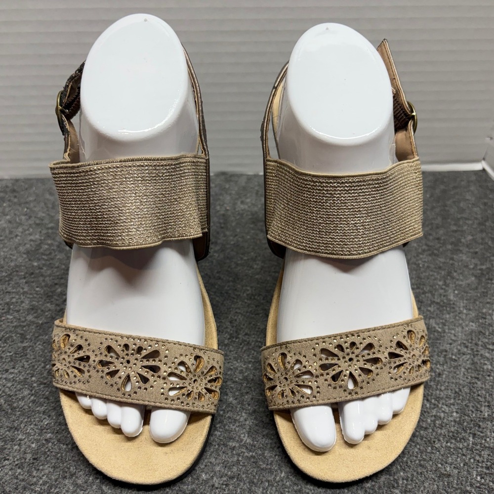 Nicole Womens Wedge Sandals Metallic Bronze Floral Laser Cut Rhinestone Sz 7.5M